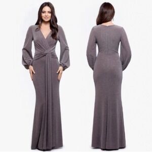 Betsy Adam Women 14W Brown Metallic Long Sleeve Gown Dress Made USA